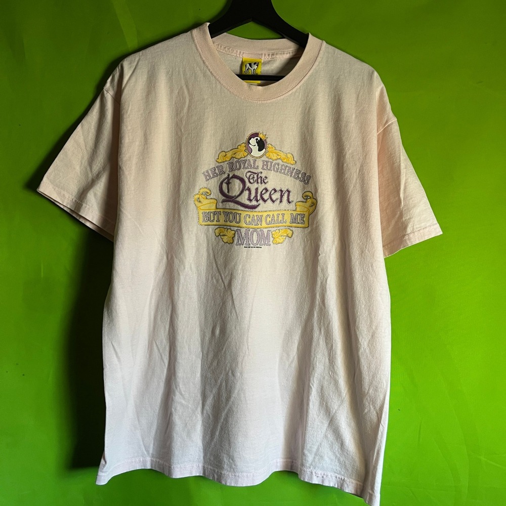 Vintage 2001 Big Dogs The Queen Mom Graphic T-Shirt Pink Large Humor Glitter